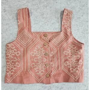 Joie Embroidered Linen-Blend Crop Top, Mauve, Geometric, Boxy, Sz S, New